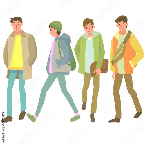 春イメージのファッションで歩く男性たち