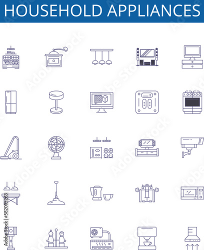 Household appliances line icons signs set. Design collection of Iron, Vacuum, Kettle, Blender, Stand mixer, Toaster, Refrigerator, Stove outline concept vector illustrations