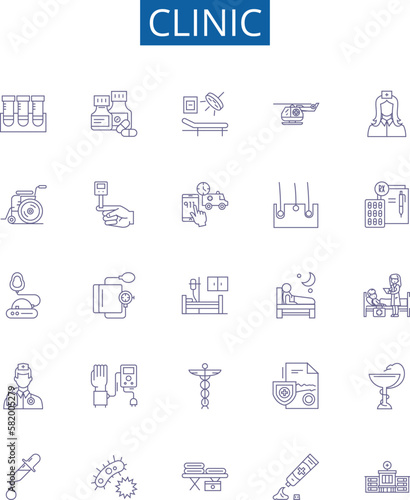 Clinic line icons signs set. Design collection of clinic, health, center, hospital, medical, care, health care, doctor outline concept vector illustrations