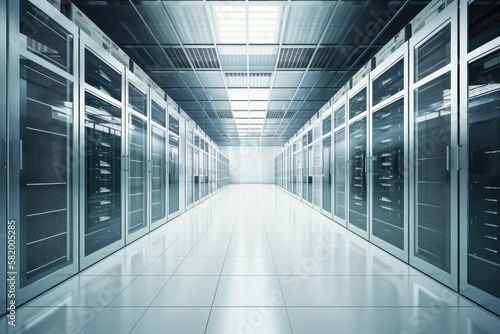 An illustration of a modern, high tech data center with rows of racks holding server and network components. Generative AI
