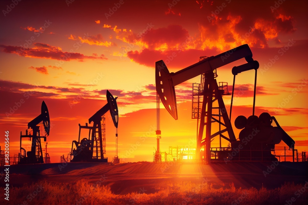 Oil pumps in a field at sunset with the sun setting behind them, Generative AI Oil pumps in a field at sunset with the sun setting behind them, Generative AI