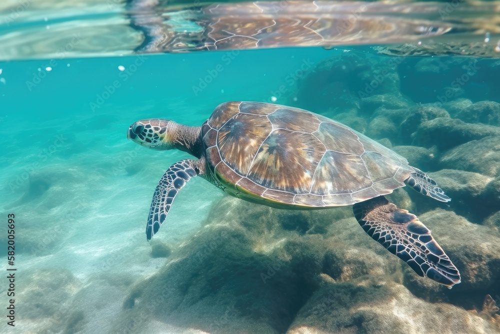 Fototapeta premium an eye catching sea turtle swimming in the clear water. pictures taken while snorkeling with a turtle. Animals that live in water. diving with marine creatures. Generative AI