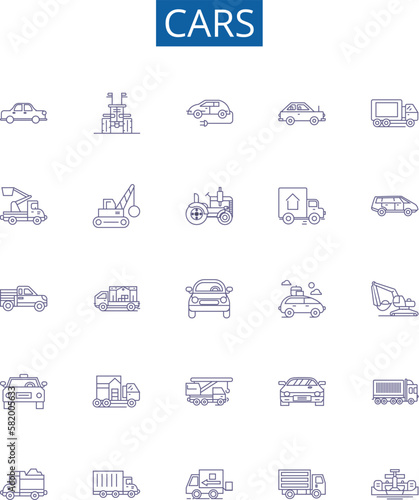 Cars line icons signs set. Design collection of Automobile, Sedan, SUV, Crossover, Hatchback, Convertible, Coupe, Hybrid outline concept vector illustrations