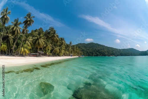 Beautiful panoramic view of a tropical Thailand island with a beach  a white sea  and coconut palms for the background of a vacation. Generative AI