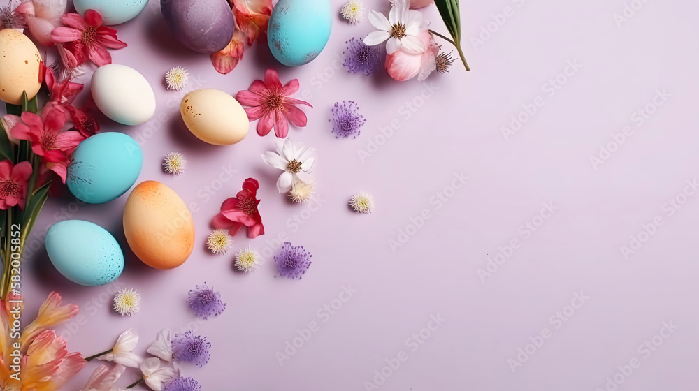 Generative AI. Pastel Easter eggs with flowers on a pink background. Copying space. View from above. flatley composition. Horizontal illustration.