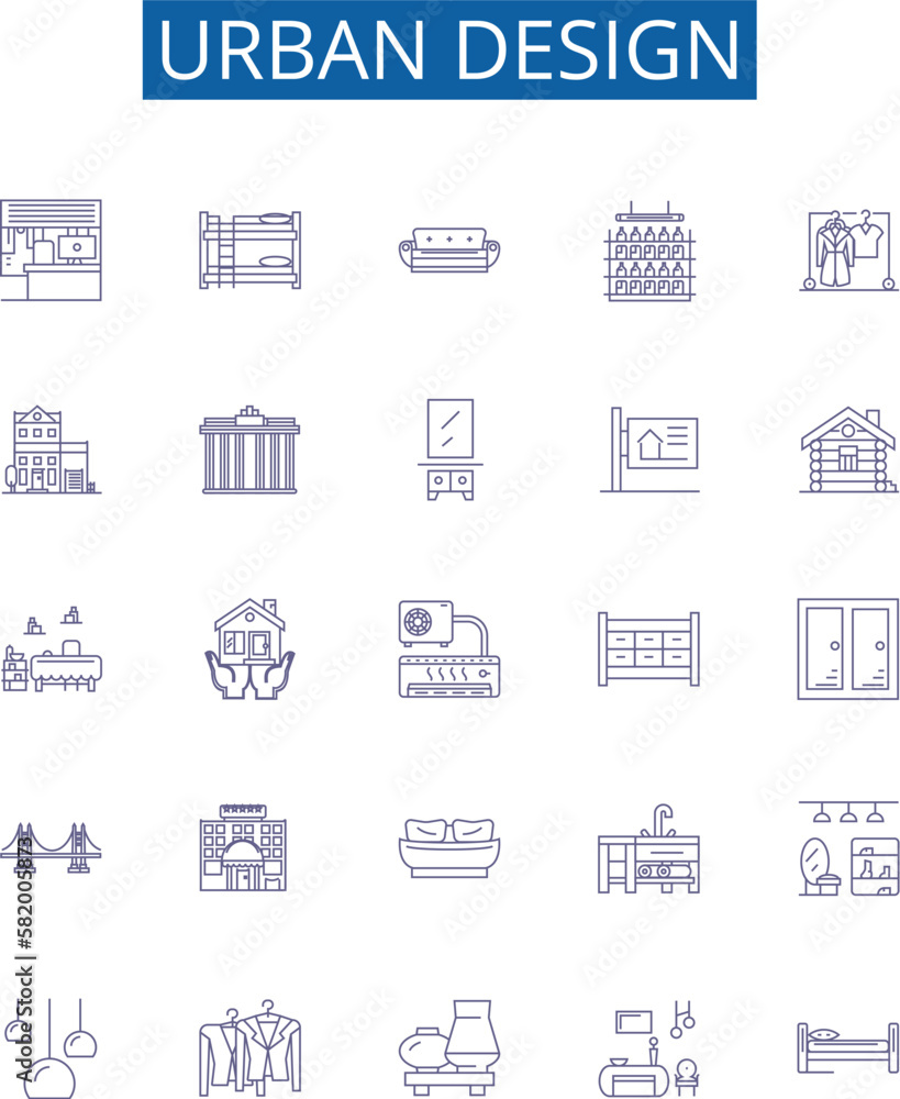 Urban design line icons signs set. Design collection of Urban, Design, Architecture, Placemaking, City, Streetscape, Landscape, Sustainability outline concept vector illustrations
