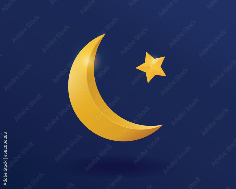 Crescent moon and star vector illustration, golden moon and star on dark blue night sky Crescent moon and star vector illustration, golden moon and star on dark blue night sky