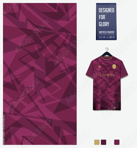 Soccer jersey pattern design. Mosaic pattern on red background for soccer kit, football kit, sports uniform. T shirt mockup template. Fabric pattern. Abstract background. 