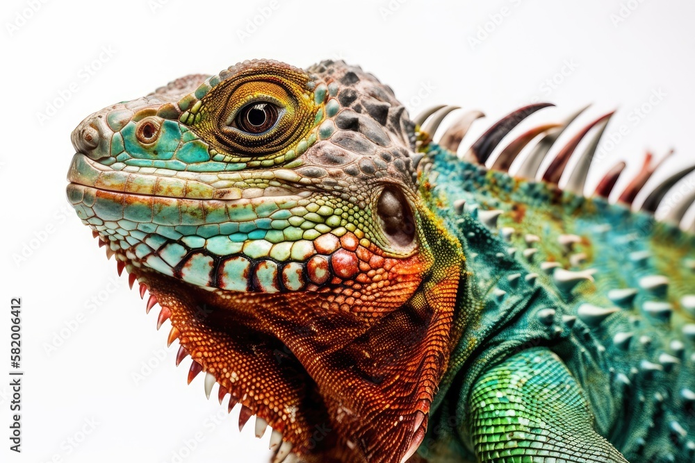 Detail of a colorful iguana on a white backdrop. Generative AI Detail of a colorful iguana on a white backdrop. Generative AI