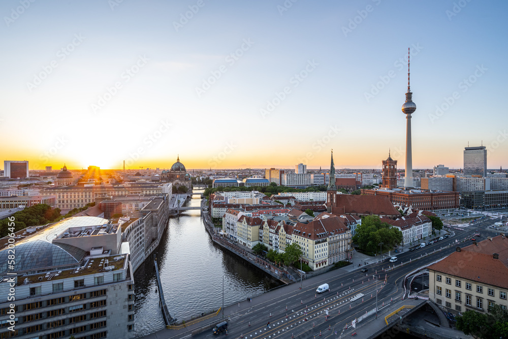 Downtown Berlin with the famous Television Tower before sunset