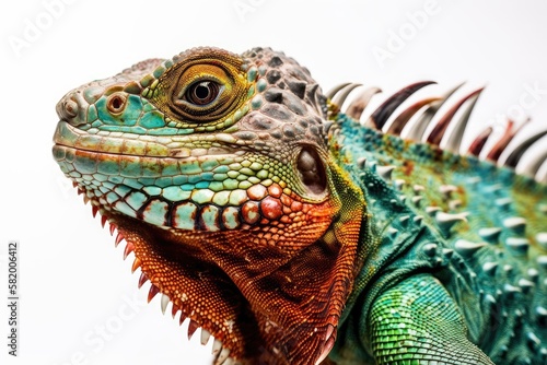 Detail of a colorful iguana on a white backdrop. Generative AI