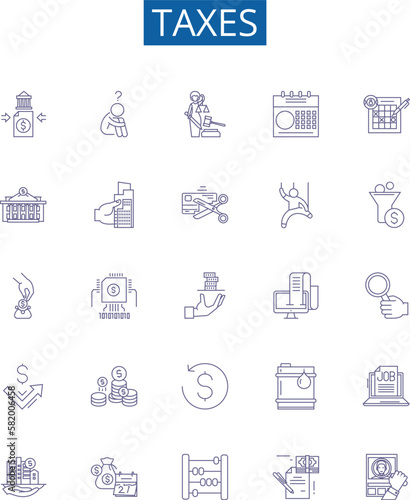 Taxes line icons signs set. Design collection of Levy, Duty, Tariff, Excise, Deduction, Withholding, Collection, Revenue outline concept vector illustrations