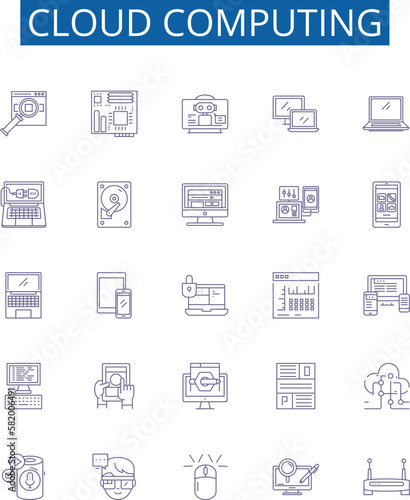 Cloud computing line icons signs set. Design collection of Cloud, Computing, Infrastructure, Platform, Services, Storage, Virtualization, Software outline concept vector illustrations