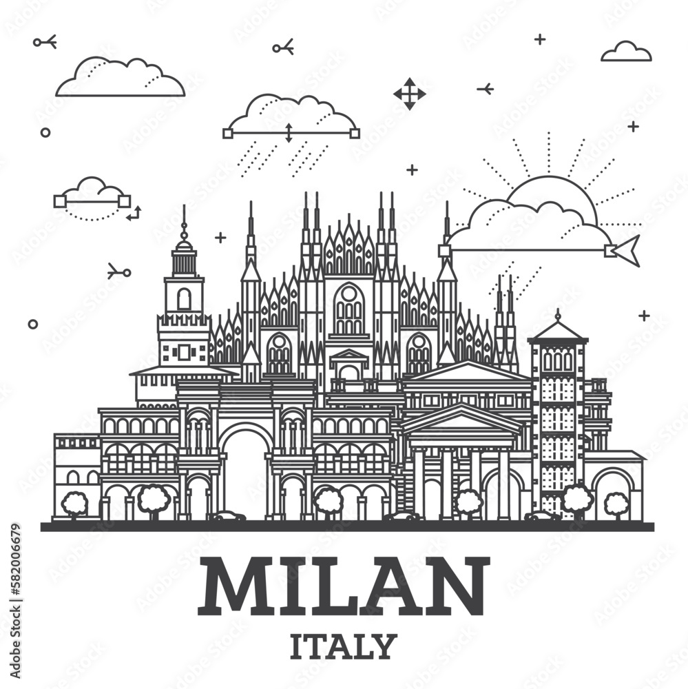 Outline Milan Italy City Skyline with Historic Buildings Isolated on White. Milan Cityscape with Landmarks.