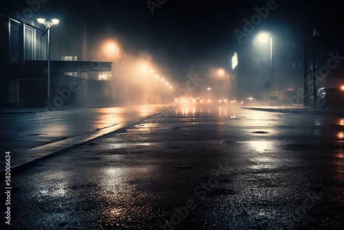 a searchlight, smoke, neon lights reflected in wet asphalt. Dark, desolate roadway with smoke and pollution, with abstract light. Dark background image with a nighttime cityscape and deserted street © AkuAku
