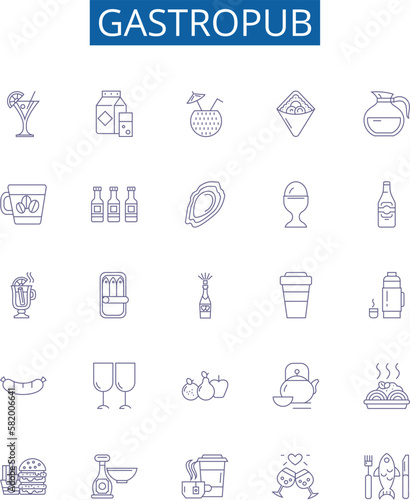 Gastropub line icons signs set. Design collection of Pub, Gastro, Drink, Kitchen, Restaurant, Food, Beer, Wine outline concept vector illustrations