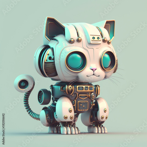 Cute cyber cat robot 3d render, white and metallic on light grey background. Generated AI.