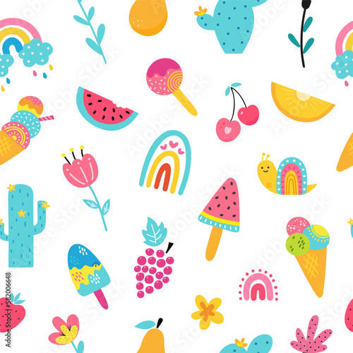 Seamless pattern with summer hand drawn elements