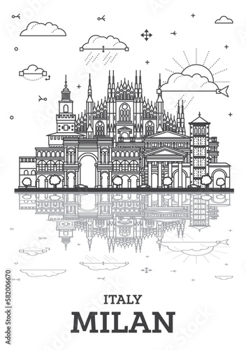 Outline Milan Italy City Skyline with Historic Buildings and Reflections Isolated on White. Milan Cityscape with Landmarks.