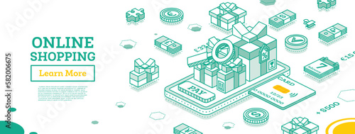 Online Shopping Concept wıth Smartphone and Gift Boxes. Isometric Outline Scene. Sale, Consumerism, Buy Online and E-commerce Concept. Search of Goods.