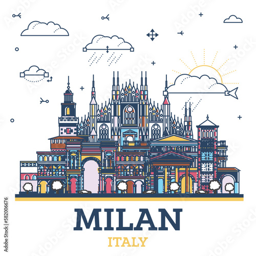 Outline Milan Italy City Skyline with Colored Historic Buildings Isolated on White. Milan Cityscape with Landmarks.