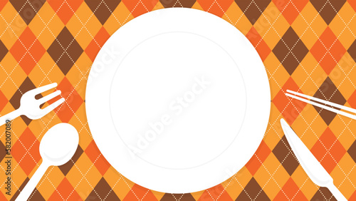 アーガイル地にお皿とカトラリー／オレンジ（横向き16:9）
