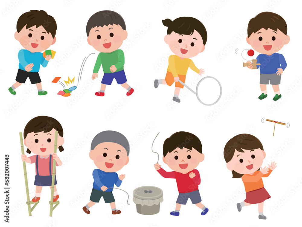 昔のあそびで遊ぶ子どもたち セット メンコ ベーゴマ 竹馬 竹とんぼ リム回し けん玉 イラスト