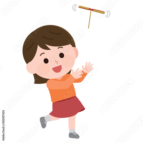 昔のおもちゃ　竹蜻蛉で遊ぶ女の子　イラスト