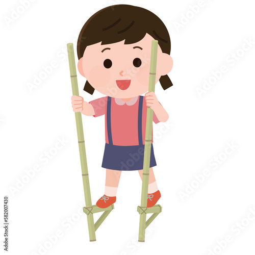 昔のおもちゃ　竹馬で遊ぶ女の子　イラスト