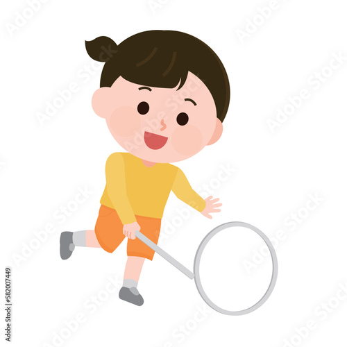 昔のおもちゃ　リム回しで遊ぶ女の子　イラスト