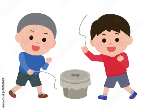 昔のおもちゃ　ベーゴマで遊ぶ男の子たち　イラスト