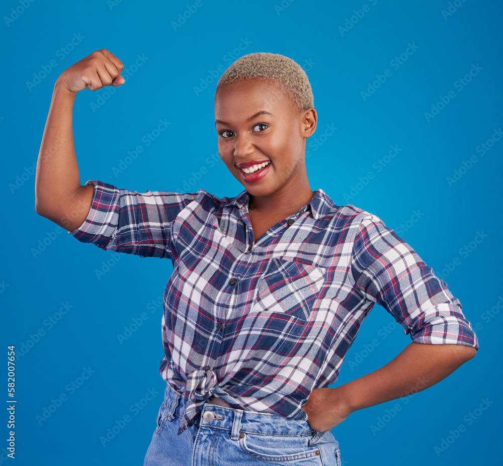Muscle, arm flex and portrait of black woman in studio for empowerment