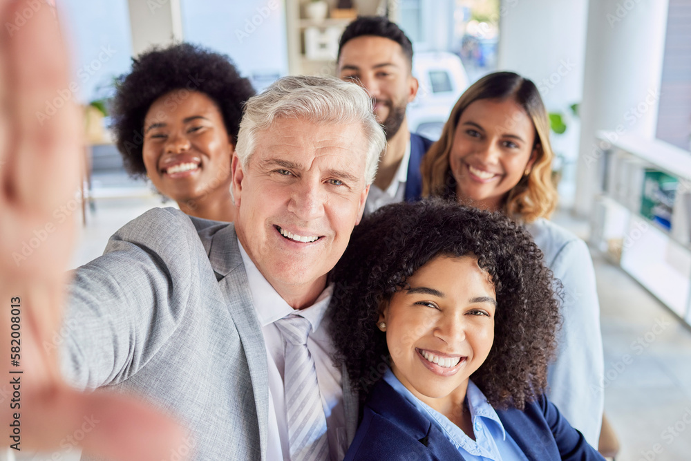 Obraz premium Teamwork, friends and selfie with business people in office for social media, diversity and support. Workforce, picture and community with portrait of employees for diversity, group and happiness