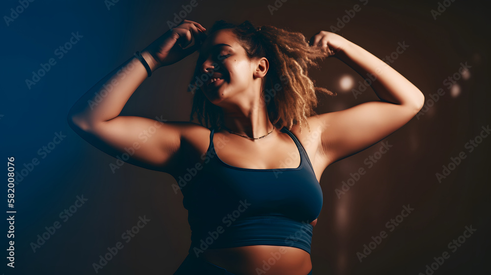 Excited woman moving her fit and curvy body in a fun dance workout Excited woman moving her fit and curvy body in a fun dance workout