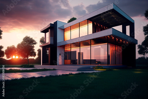 Generative AI illustration of contemporary big multistory house with panoramic windows near trees under cloudy sunset sky