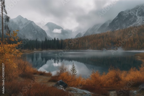 A cloudy autumn day at Lake Cicely Altai in Siberia. Taiga, a stunning sky, haze, snow capped mountains, and a panoramic view. Generative AI