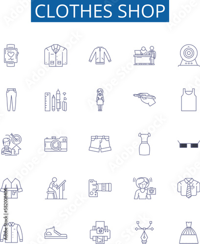 Clothes shop line icons signs set. Design collection of Clothing, Shop, Apparel, Garments, Outfit, Attire, Fashion, Store outline concept vector illustrations