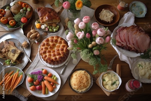 Easter meal staple ham. Table scene from above with a white wood banner background. Eggs, hot cross buns, carrot cake, scalloped potatoes, ham, and vegetables. Generative AI