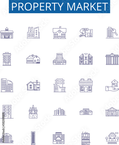 Property market line icons signs set. Design collection of real estate, property, housing, market, investments, sales, homes, prices outline concept vector illustrations