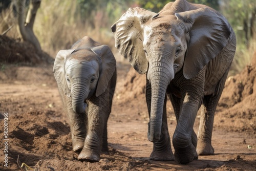 a baby elephant next to an adult elephant. Generative AI