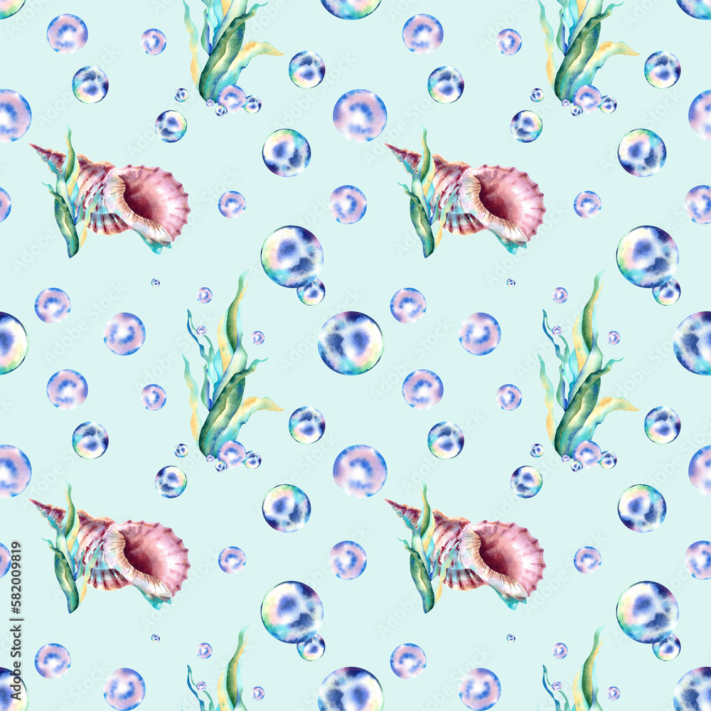 A pattern of algae, seashells and bubbles. Watercolor illustration. Collage. Inhabitants of the sea. A pattern of algae, seashells and bubbles. Watercolor illustration. Collage. Inhabitants of the sea.