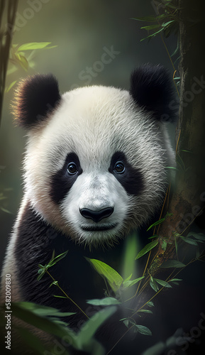 Close up Panda at wild forest. Generative AI 