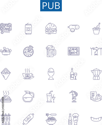 Pub line icons signs set. Design collection of Bar, Alehouse, Tavern, Pubs, Brewery, Taproom, Public House, Watering Hole outline concept vector illustrations
