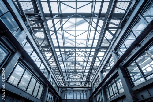 A warehouse, commercial building, or office complex's steel frame supporting its glass roof against a clear sky. Metal beams are welded and bolted together to create the ceilings' mobility and rigidit