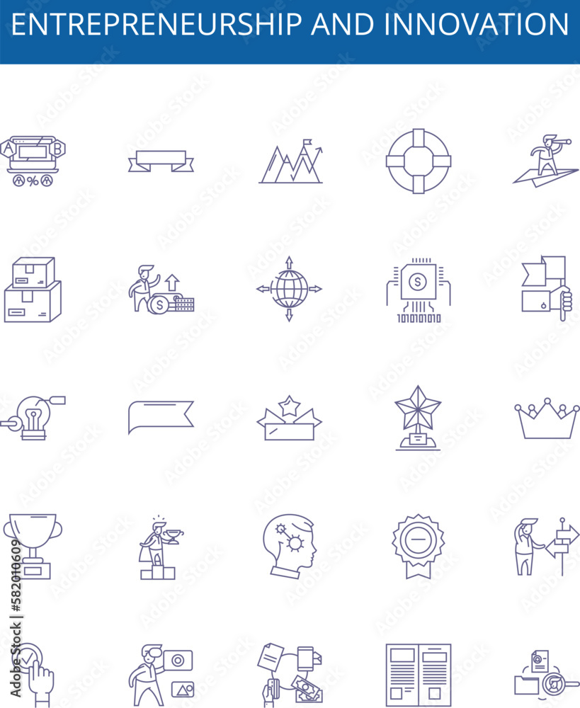 Entrepreneurship and innovation line icons signs set. Design collection of Entrepreneurship, Innovation, Business, Start up, Creativity, Risk taking, Ideation, Opportunity outline concept vector