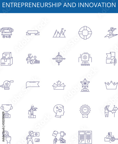 Obraz na płótnie Entrepreneurship and innovation line icons signs set. Design collection of Entrepreneurship, Innovation, Business, Start up, Creativity, Risk taking, Ideation, Opportunity outline concept vector w salonie