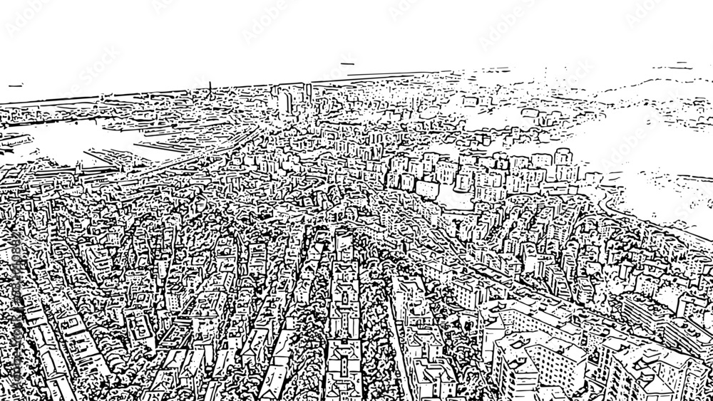 Genoa, Italy. Central part of the city. General panorama of the city with the port. Doodle sketch style. Aerial view