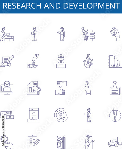 Research and development line icons signs set. Design collection of Research, Development, Innovation, Experimentation, Investigation, Study, Analyzing, Analysing outline concept vector illustrations