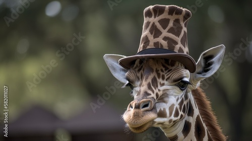 Giraffe Portrait Wearing Cylinder Hat. Generative AI.