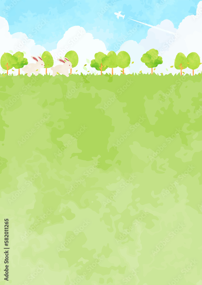 可愛いウサギと緑豊かな風景イラスト